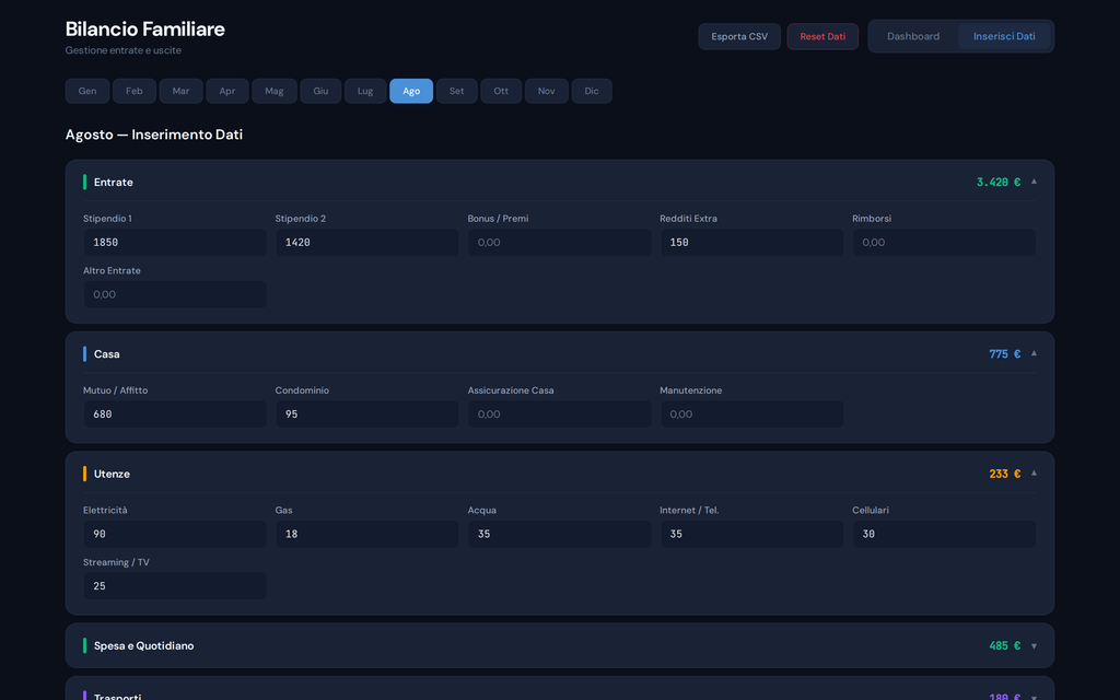 Bilancio Familiare Pro – Dashboard Gestione Finanze Personali